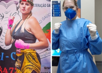 Luta da canoense Mara Schorn, campeã mundial de muay thai na Tailândia, agora é no front da guerra contra o coronavírus — Fotos: Arquivo pessoal