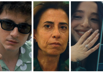 Ilustração contendo Timóthee Chalamet de 'Um Completo Desconhecido'; Fernanda Torres de 'Ainda Estou Aqui' e Mikey Madison de 'Anora'