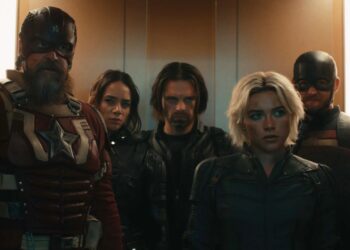 David Harbour, Hannah John-Kamen, Sebastian Stan, Florence Pugh e Wyatt Russell (da esquerda para a direita) em 'Thunderbolts*'. ©️ Marvel Studios