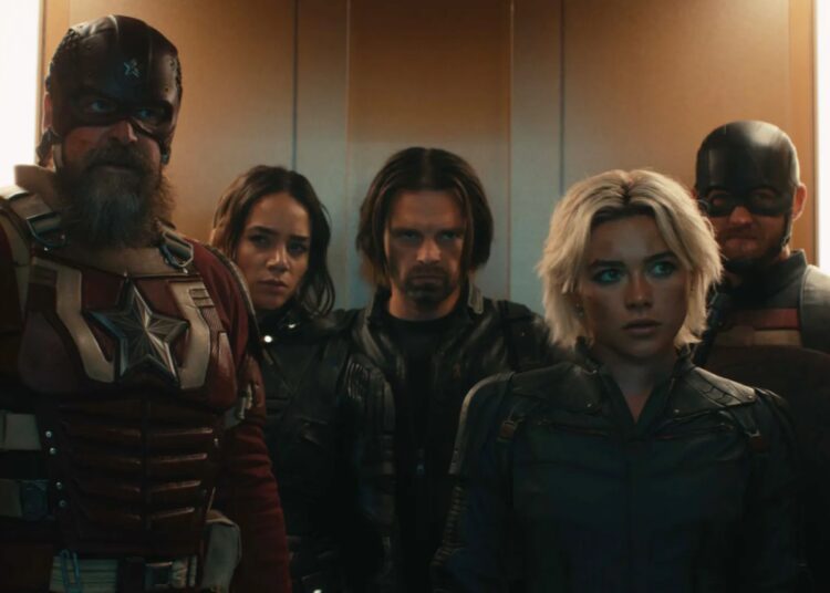 David Harbour, Hannah John-Kamen, Sebastian Stan, Florence Pugh e Wyatt Russell (da esquerda para a direita) em 'Thunderbolts*'. ©️ Marvel Studios